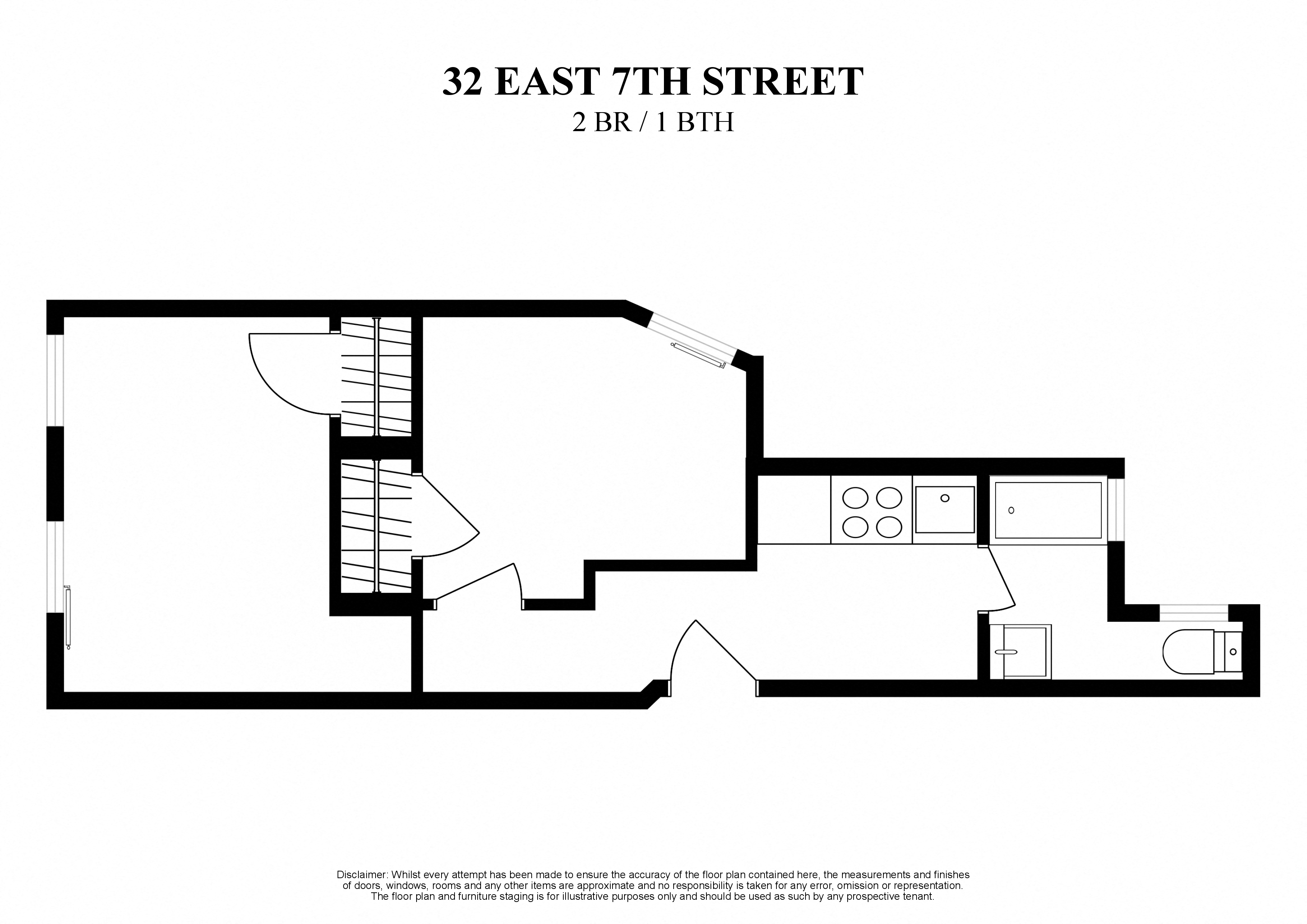 2D floor plan at 32 East 7th Street of two bedroom one bath
